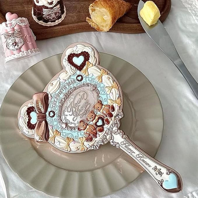 Flower Knows The Sweetie Bear Hand Mirror,Vintage Portable Handheld Mirror,Fancy & Pretty Princess Mirror with Long Handle,Gift for Girls(Minty Blue)