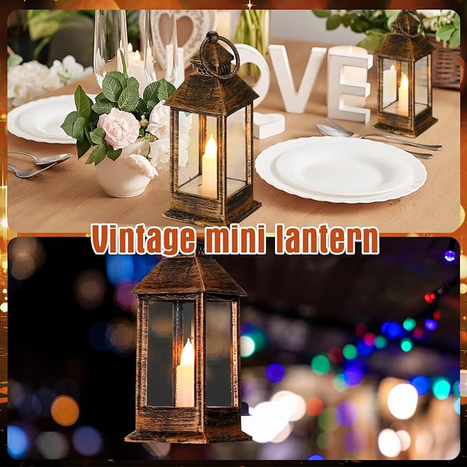 Hoolerry 24 Set 5.5'' Mini Lanterns with LED Candle for Wedding Centerpiece Vintage Decorative Hanging Small Lantern Battery Powered for Halloween Wedding Table Centerpiece(Retro)