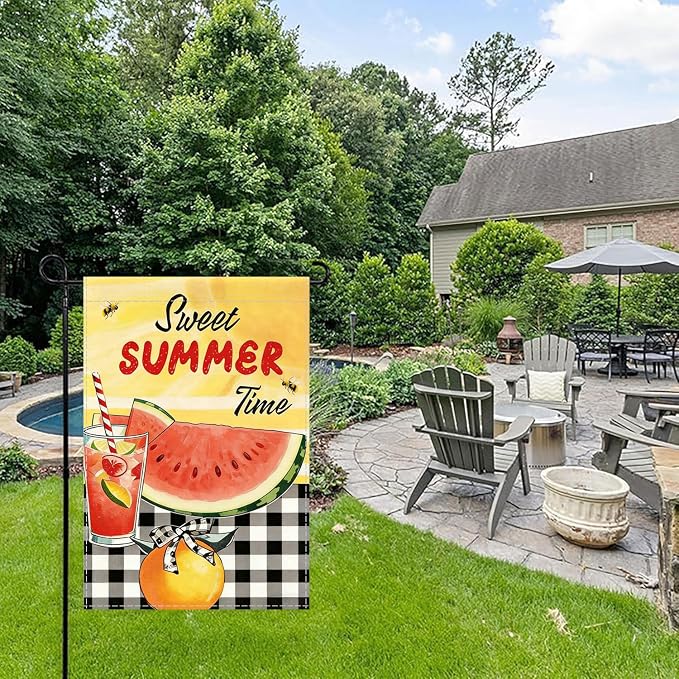 Sweet Summer Time Garden Flag, Buffalo Plaid Check Lemon House Yard Watermelon Bee Lemonade Outside Decoration, Seasonal Farmhouse Outdoor Small Burlap Decor Double Sided 12x18 Farmhouse Outdoor Yard Decoration