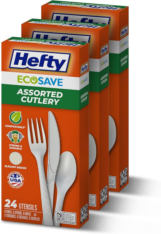 Hefty ECOSAVE Compostable Assorted Cutlery Set, 3 Pack, Utensils for BBQs, Tailgates, Camping, and Parties, Includes 8 Forks, 8 Spoons, and 8 Knives per pack, Compostable, Sustainable Design