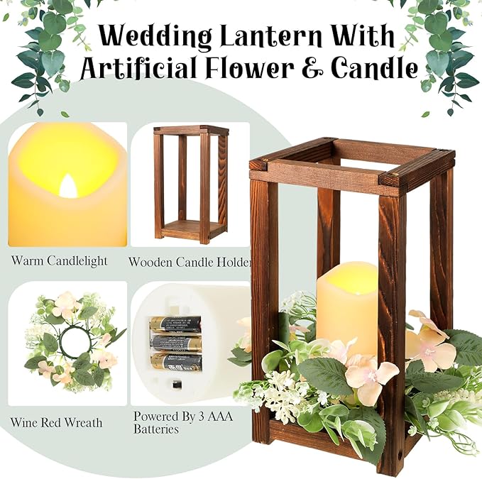 Hushee 60 Pcs Wooden Wedding Lantern Centerpiece Integrated Holders with Candles and Wreaths Rustic Wooden Candle Lantern Decor for Wedding Party Table Valentine Decor (Brown)