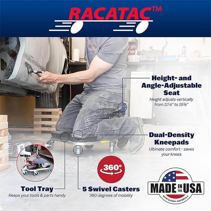 RACATAC Kneeling Sitting Creeper, 2 Inch Casters, Knee Pads, Adjustable Seat, Assembled in USA, 01RAC
