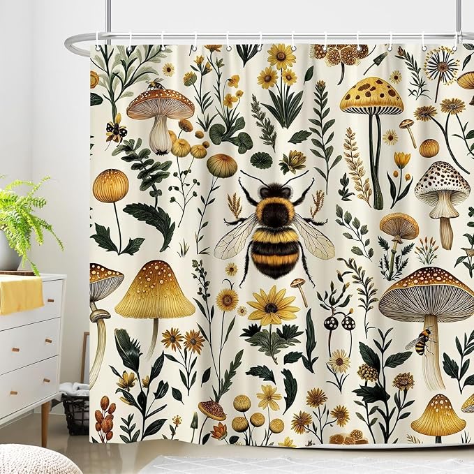 Rustic Boho Mushroom Shower Curtain, Vintage Chic Bee Mushroom Botanical Floral Farmhouse Cottagecore Aesthetic Shower Curtain Set with Hook, Fairy Witchy Plant Shower Curtain for Bathroom 60X72 Beige