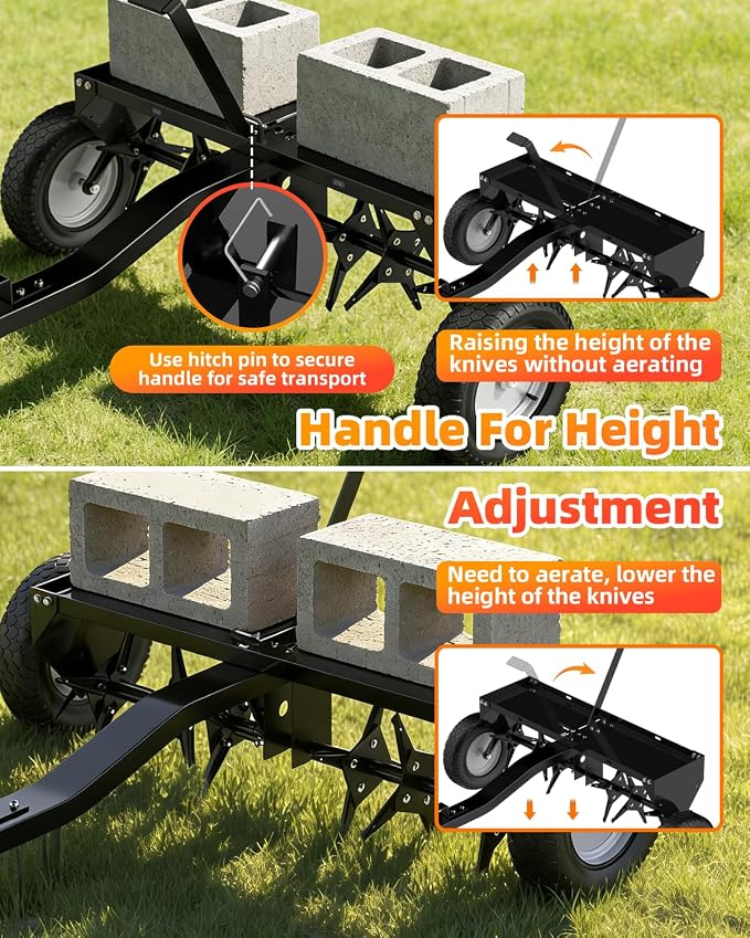 40" Tow Behind Aerator, Pull Behind Lawn Aerator Tool with Universal Hich, 24 Rust-Proof Knives & Heavy-Duty Tires, Plug Aerator for Yard & Garden Compacted Soil, Fits Lawn Tractors, ATV, UTV, Black