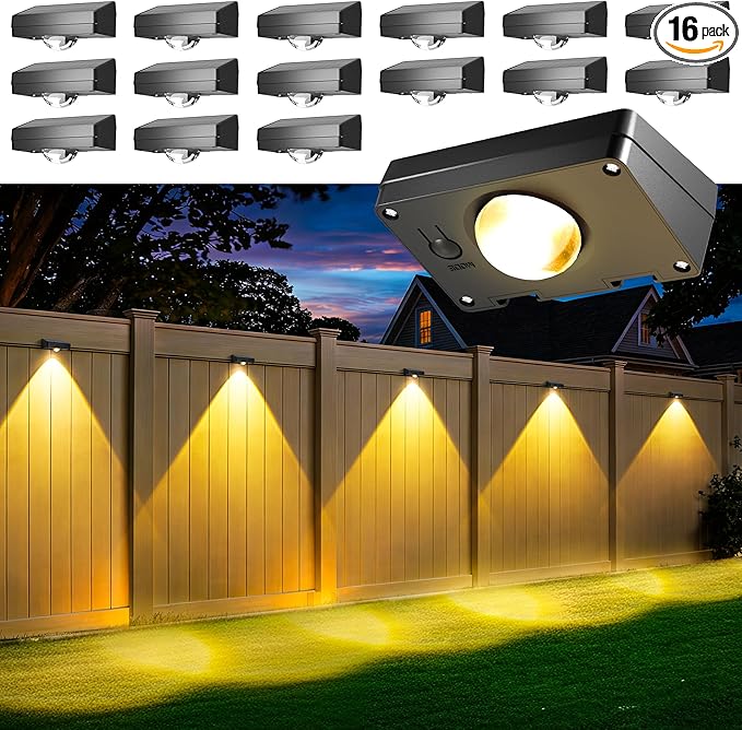 AUDERWIN Solar Fence Lights Outdoor Waterproof 16 Packs, Fence Lights Solar Powered, 3 Lighting Modes LED Lens Light for Wall, Backyard, Deck, Patio, Step, Stair, Porch, Pool Decor