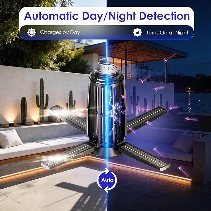2 Pack Solar Bug Zapper Indoor & Outdoor, USB-C Rechargeable Mosquito Killer with 4-Sided Solar Panels, Waterproof Portable Fly Trap with LED Light for Patio, Garden, Camping & Backyard