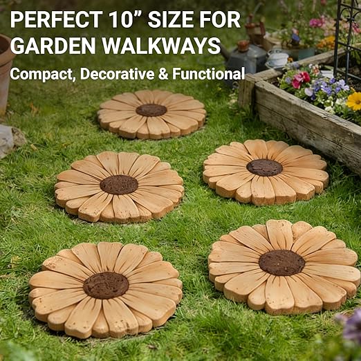 Heavy Duty Concrete Stepping Stone 10 Inch Daisy Design, Non Slip Garden Pathway Stone for Outdoor Walkway Yard Patio Lawn (Orange)