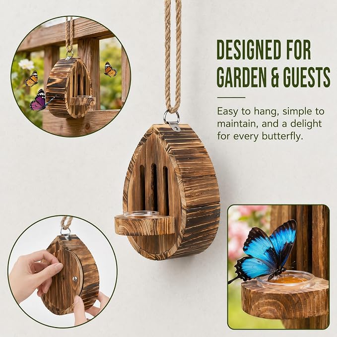 Butterfly Houses for the Garden, Butterfly House Wooden Shelter with Feeder and Hanging Design, Habitat Nesting Box for Outdoors, Pollinator House for Butterflies, Moths, Lacewings, Ladybugs (2PCS)