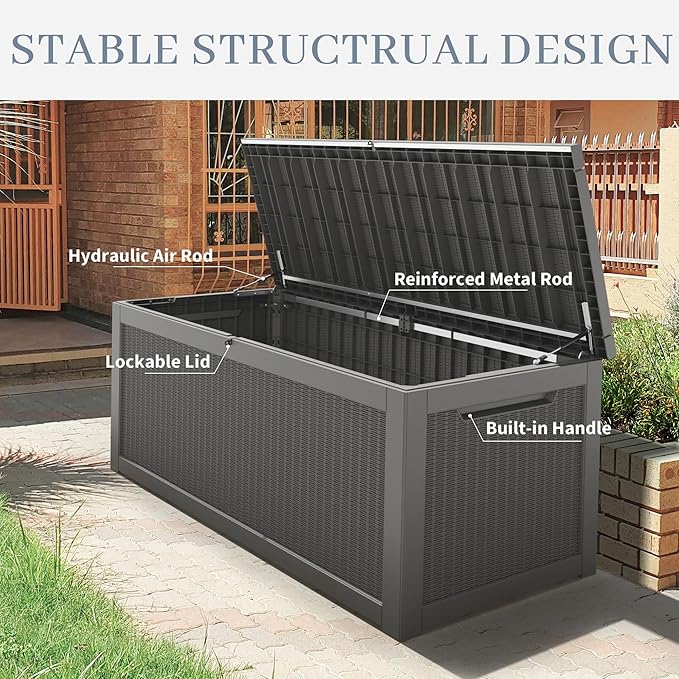 Outdoor Storage Box, 320 Gallon Resin Deck Boxes Outdoor Waterproof For Patio Furniture, Garden Tools, Pool Supplies, Lockable And UV Resistant (Rattan Gray)