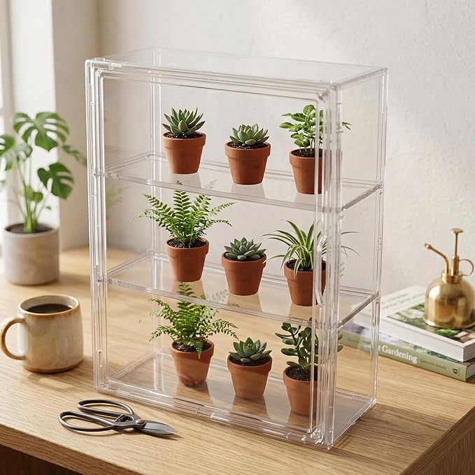 Klmnop Clear Mini Greenhouse for Indoor, Small Green House with Magnetic Waterproof Door for Small Plants & Germination, Stackable Tabletop Greenhouse for Windowsill or Home, 14.2"x10.6"x5.5"