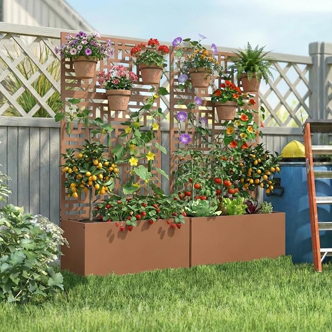 VINGLI 71"H Metal Raised Garden Bed with Trellis, Outdoor Planter Box for Climbing Vegetables, Fruits and Flowers, Privacy Screen, for Backyard, Patio, Balcony (Brown)