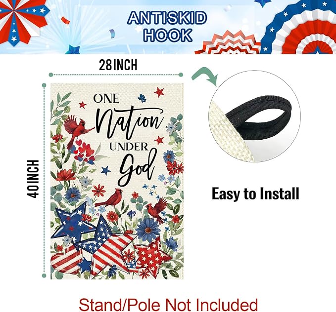Baccessor 4th of July Cardinal House Flag 28 x 40 Inch Double Sided Burlap,the One Nation Under God Patriotic Memorial Day American Summer Yard Holiday Seasonal Outdoor Outside Decoration