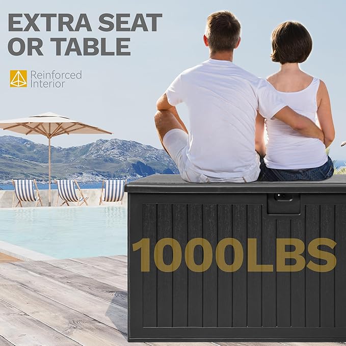 DWVO 260 Gallon Resin Outdoor Storage Box, XXL Double-Wall Waterproof Deck Box with Divider, Doubles as Table or Seating with 1000 lbs Capacity, Lockable (Black)