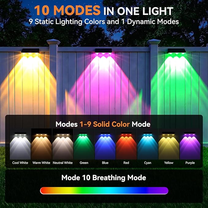 Solar Fence Lights Outdoor 4 Pack, Upgraded Brightness 3X LED Lens Fence Lights Solar Powered, 9 Fixed Colors & RGB Lights, IP65 Waterproof Solar Lights for Outside Backyard/Railing/Step/Patio