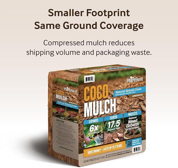 PlantBest Coco Mulch Compressed Block 9.1 lb – Expands to 64 Quarts and Up to 17.5 Sq. Feet, Organic Coconut Mulch for Landscaping, Garden Beds, Trees, Plants & Weed Control
