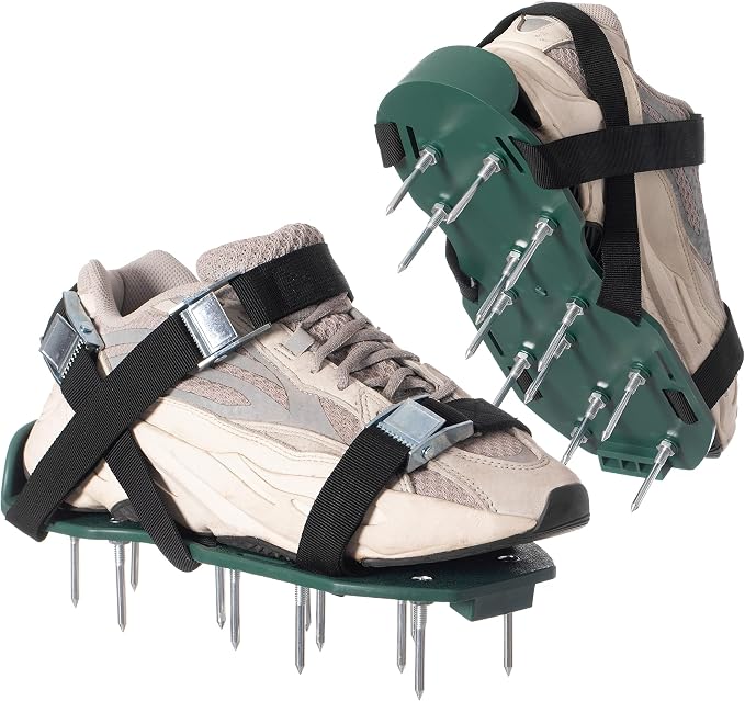 Lawn and Garden Aerator Spike Shoe with 3 Metal Buckle Straps, Green Spiked Sandal