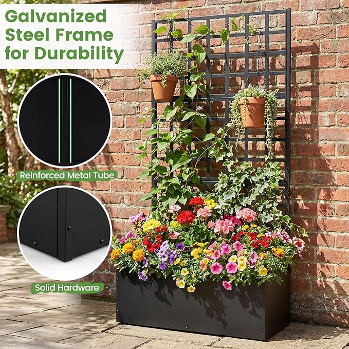 Giantex Metal Raised Garden Bed with Trellis, 71"x36"x16" Galvanized Planter Box w/Drainage Holes for Climbing Plants Vegetables Flowers, Outdoor Privacy Screen for Patio Backyard Balcony