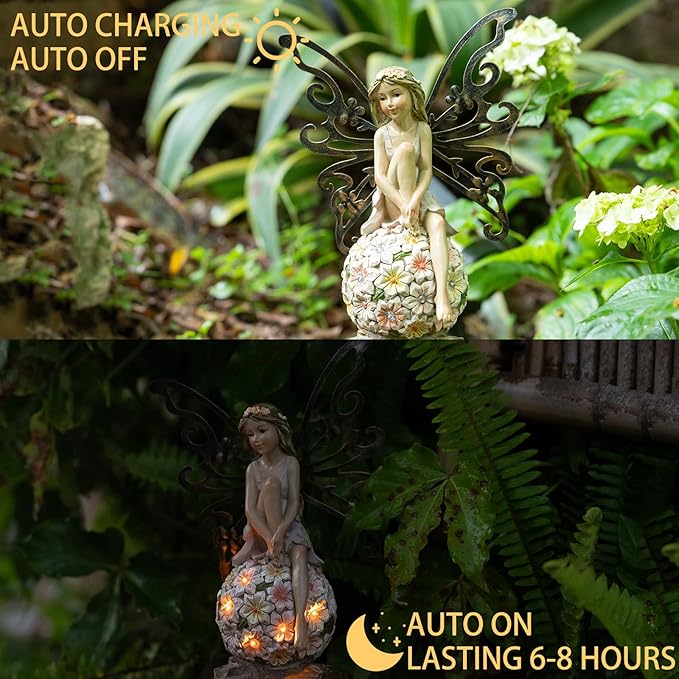Solar Fairy Statue Garden Decor - Fairies and 7 LED Lights - Lawn Decor Statue for Patio, Balcony, Yard Ornament - Gifts for Mom Grandma Women