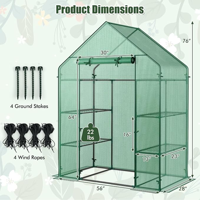 Giantex Walk-in Greenhouse, 4 Tier 8 Shelves, Portable Plant Garden House Indoor Outdoor Mini Growing House for Herb Flower Succulent, Zipped Door, Metal Frame, Patio Lawn Yard