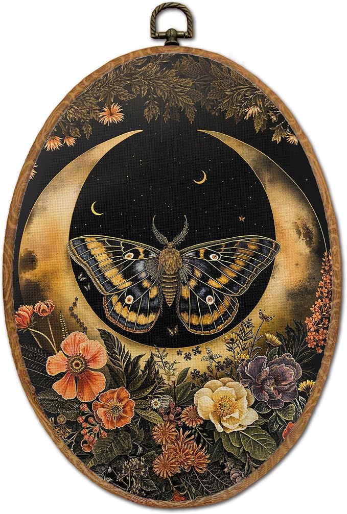DOFQZ Vintage Dark Floral Moon Moth Oval Wall Art Decor, Art Nouveau Gothic Moth Framed Wall Art, Dark Academia Cottagecore Insect Canvas Walls Hanging Decor for Home Bedroom Living Room, 8.5x11.5