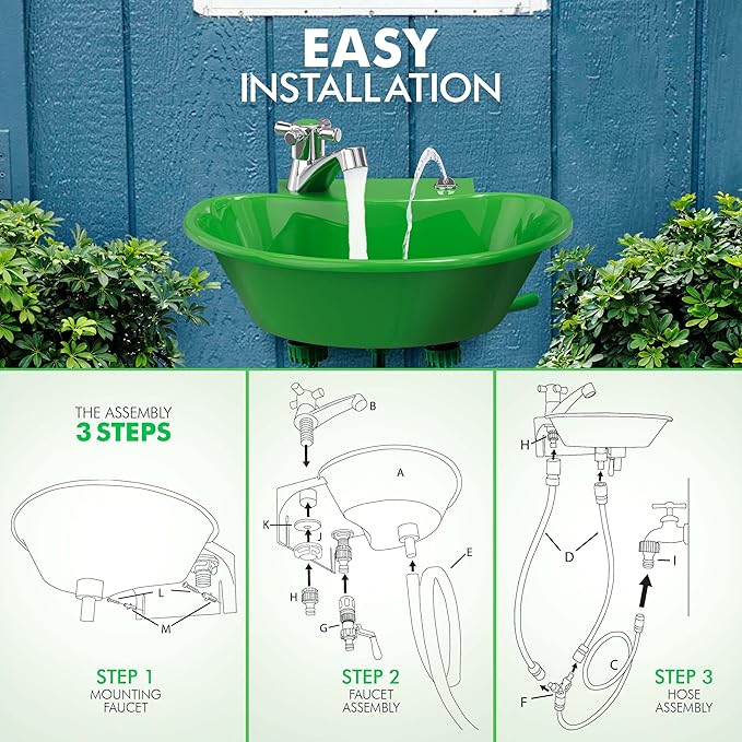 Tribello Outdoor Sink and Drinking Fountain - 2 in 1 Easy to Install Outdoor Garden Sink for Hand Washing, Gardening, Vegetable Washing, Grilling, Garage Work and More (16x10x5)