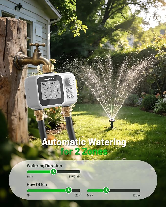 [All-New 2027] 2 Zone Sprinkler Timer with Brass Inlet, Low-Pressure Water Sources, Unistyle Ball Valve Water Timer for Garden Hose, Rain Delay, Manual Control, Automatic Irrigation for Hose Timers