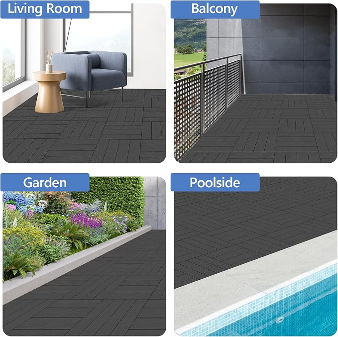 MYFAMIREA 36 Pcs Plastic Interlocking Deck Tiles 12" x 12" Patio Floor Decking Tiles Indoor Outdoor Waterproof Non-Slip Flooring Tiles All Weather Use for Balcony Backyard Porch Poolside, Dark Grey