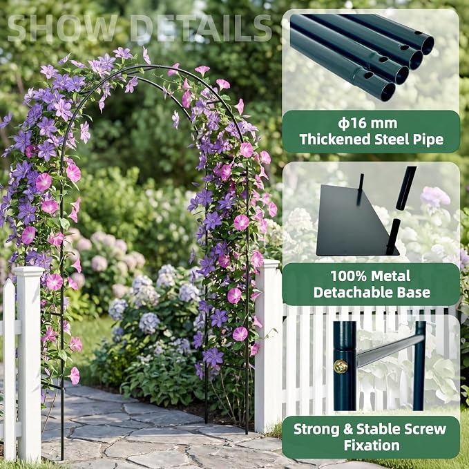 Thickened Tube GreenGiggle 100% Metal 16mm Pipe Diameter Heavy Duty Garden Arch Trellis with Base,7.6ft Trellis for Climbing Plants,Roses,Garden Party,Ceremony & Decorations