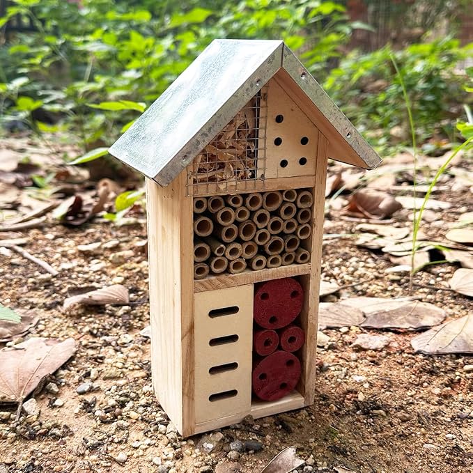 Wooden Insect Hotel for Garden - Bee House & Ladybug House, Pollinator Bug Hotel/Bug House to Attract Beneficial Garden Insects (Tin Color)