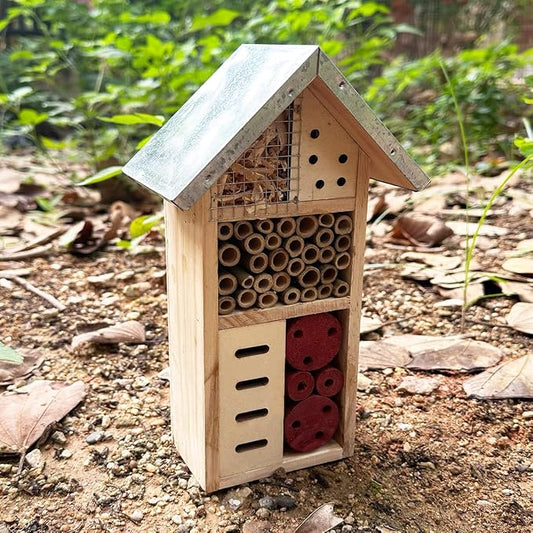 Wooden Insect Hotel for Garden - Bee House & Ladybug House, Pollinator Bug Hotel/Bug House to Attract Beneficial Garden Insects (Tin Color)