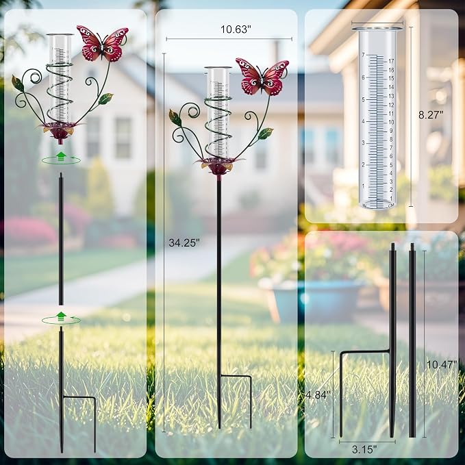 Butterfly Rain Gauge Outdoor Metal Rain Gauge Decorative with Stake Waterproof 8 Inch Rain Measure Gaugefor Yard Garden Patio Lawn