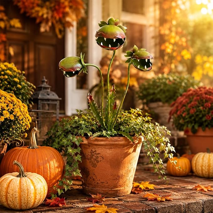 Whimsical Metal Carnivorous Plant Garden Stake, 25-inch Large Venus Flytrap Monster Plant Sculpture, Fun Outdoor Decorative Art Pieces for Lawns, Flower Pots, Flower Beds, Patios