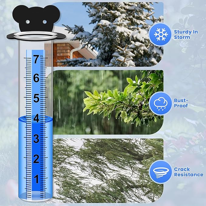 Rain Gauge Outdoor, Rain Gauge Replacement Tube with Stainless Steel Mounting Rack Holder, 7" Clear Large Numbers Rain Gauge Measuring Tool for Garden Yard Lawn Patio Yard Fence and Farm Use (Bear)