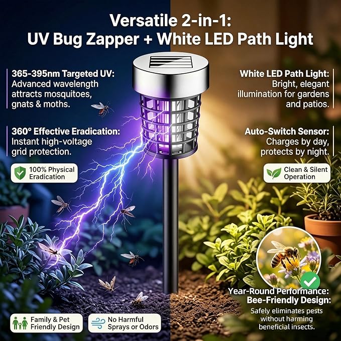 4 Pack Upgraded Solar Bug Zapper Outdoor Waterproof Mosquito Repellent Outdoor Patio Mosquito Trap & Killer for Moths, Gnats, Flies, Small Flying Insect, Solar Powered Fly Zapper for Backyard, Garden