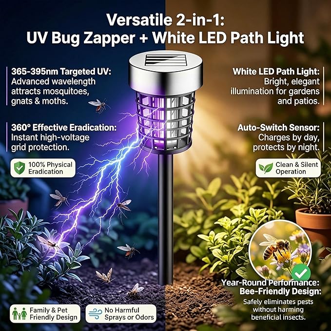 4 Pack Solar Bug Zapper Outdoor Waterproof Mosquito Repellent Outdoor Patio Mosquito Trap & Killer for Gnats, Moths, Flies, Small Flying Insect, Solar Powered Fly Zapper for Garden, Backyard, Camping