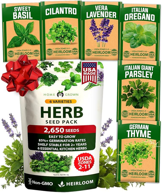 HOME GROWN 6 Herb Seeds for Planting 2,650+ Non-GMO Heirloom Seeds | Extra Large Variety Pack Herb Kit – Indoor Outdoor & Hydroponic | Culinary Seed Set | Grow Your Own Herbs | Gift for Beginners