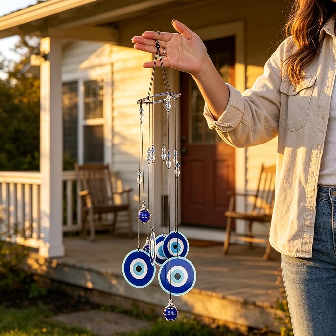 YU FENG Blue Evil Eye Wind Chimes for Outside 19" Hanging Ornament Metal Windchimes Outdoors Garden Decoration