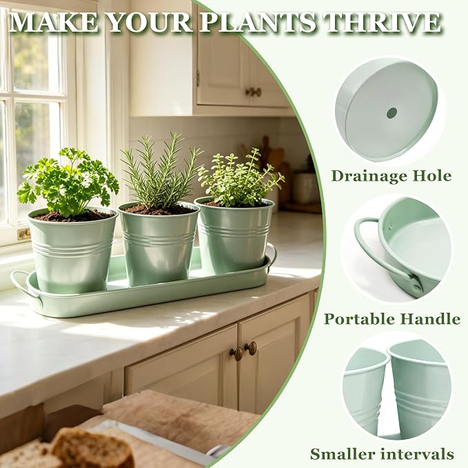 TCBWFY Indoor Herb Garden Planter Set - 3 Pack 4.7" Green Metal Plant Pots with Drainage Holes & Removable Tray - Windowsill Kitchen Counter Balcony Office Garden
