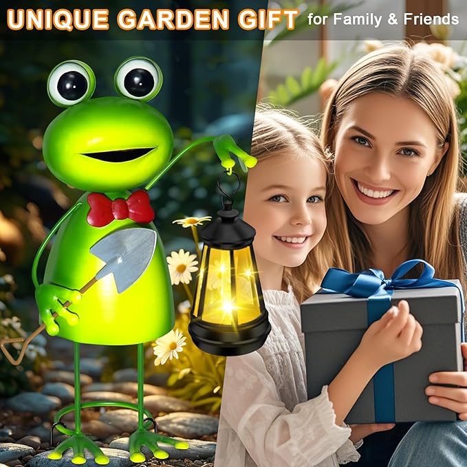 Solar Garden Lights Frog Statue with Solar Lantern Lights,13.78in Tall Frog Decor Fairy Accessories,Birthday Gifts for Women Mom Grandma,Big Metal Decorative Stakes for Home decor,Patio,Porch,Yard Art