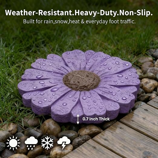Heavy Duty Concrete Stepping Stone 10 Inch Daisy Design, Non Slip Garden Pathway Stone for Outdoor Walkway Yard Patio Lawn (Purple)