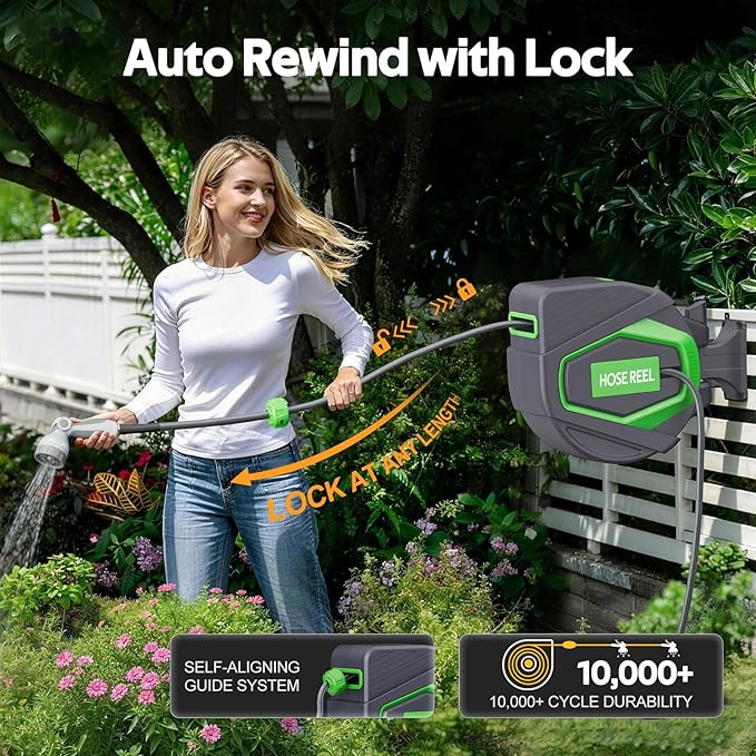 Retractable Garden Hose Reel, 1/2 in x 100 ft Wall Mounted Auto Rewind Hose Reel & Lock Any Length, 180° Swivel Bracket, Slow Return System, Brass Connector for Garden Watering, Car Washing