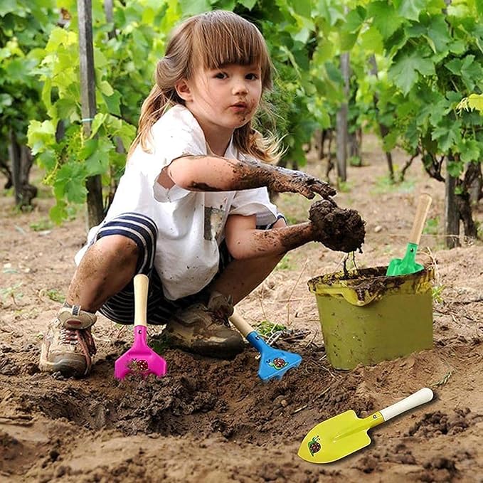 Gardening Tools Set, 5PCS Gardening Tools Metal with Sturdy Wooden Handle Safe Gardening Tools 8" Beach Sandbox Toy