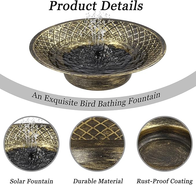 Solar Bird Bath for Outdoors, Metal Solar Bird Bath Fountain, 12.6" Bird Bath Bowl, Bird Water Fountain for Garden Patio Lawn Decor, Gold