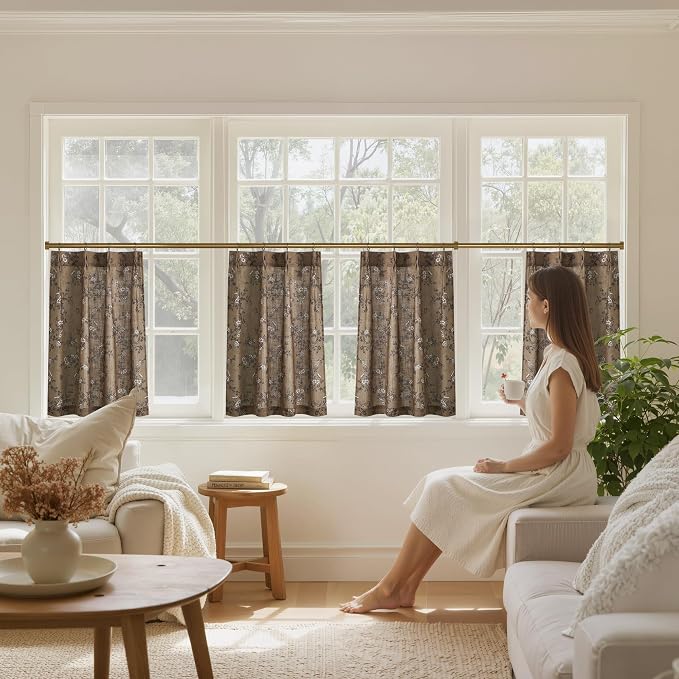 StangH Pinch Pleat Cafe Curtains Cottage Core Light Filtering Kitchen Half Window Tiers with Butterfly Pattern for Home Decor Privacy Small Window Drapes, Khaki, W26 x L30, 2 Panels