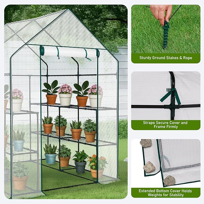 Outvita Walk-in Greenhouse, Outdoor Durable PE Plant Green House for Frost Protection with 3 Tiers 8 Shelves, Shelf Clips, Roll-up Zipper Door, 56"x56"x77" White