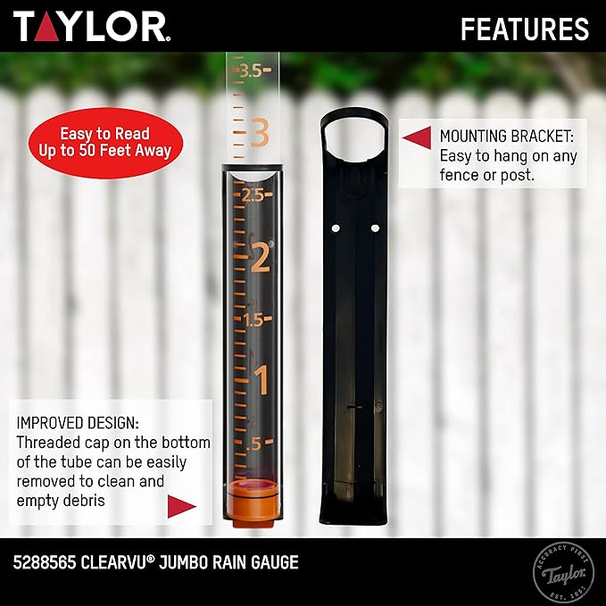 Taylor Jumbo Rain Gauge, Measure and Monitor Precipitation, Easy to Read for Backyard, Patio, Garden, and Lawn, 5-inch, Orange