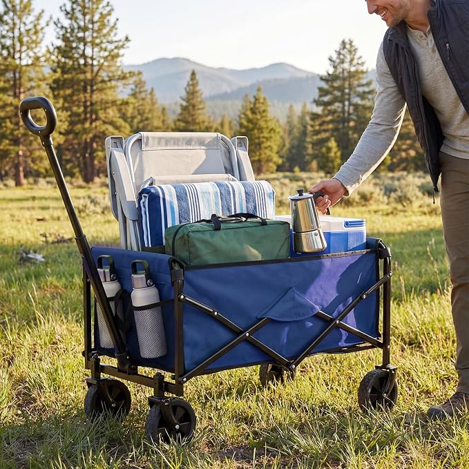OLIXIS Collapsible Wagon 67L Compact Lightweight Utility Folding Wagon Cart with Wheels – 220 lbs Weight Capacity, Flexible Handle for Beach, Grocery, Camping, Shopping, Sports & Garden, Blue