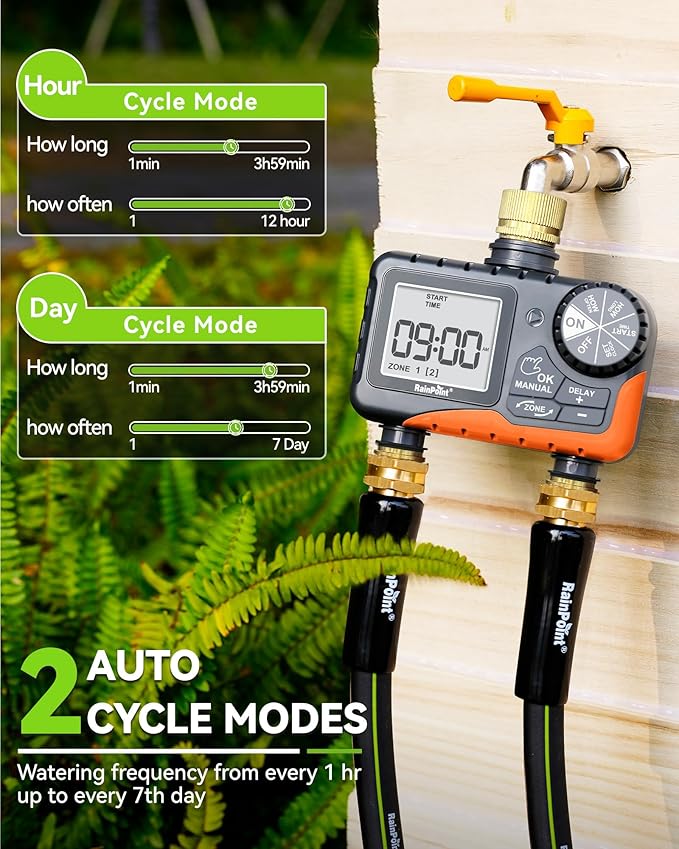 RAINPOINT 2 Zone Sprinkler Timer with Brass Inlet and Outlet - Water Timer for Garden Hose with Rain Delay/Manual Watering/Automatic Irrigation Controller for Yard(Orange)
