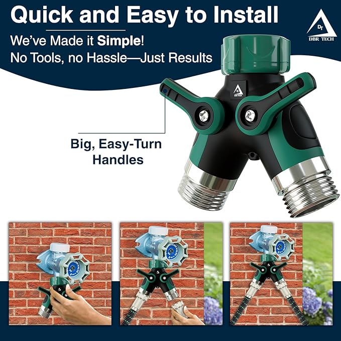DBR Tech® Hose Splitter 2 Way, Heavy Duty Metal Connector, Two Way Garden Hose Splitter, High Flow Spigot Faucet Bib Adapter, Solid Double Y Shut Off Valve for Outdoor Gardening Hoses, Green