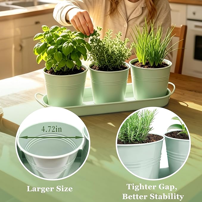 TCBWFY Indoor Herb Garden Planter Set - 3 Pack 4.7" Green Metal Plant Pots with Drainage Holes & Removable Tray - Windowsill Kitchen Counter Balcony Office Garden